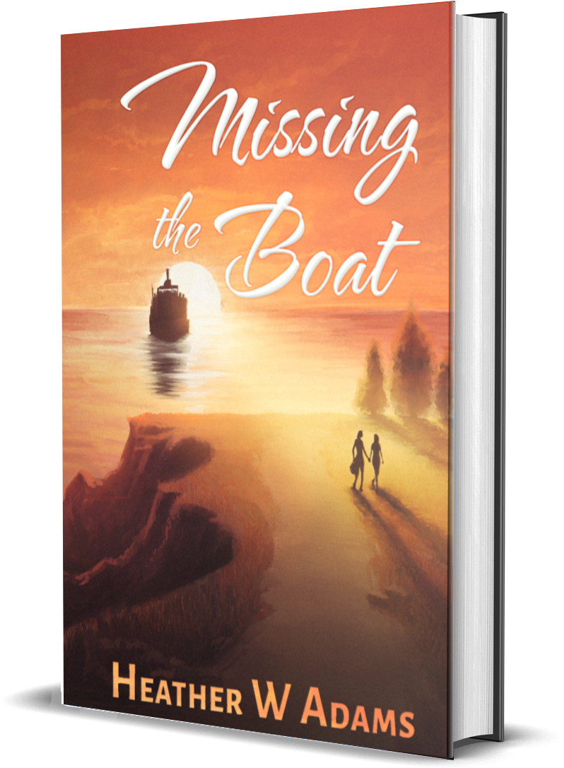Book cover showing two silhouetted figures walking along a lakeside road at sunset, with a ferry boat sailing away across the orange-tinted waters. Title &ldquo;Missing the Boat&rdquo; in white script lettering.